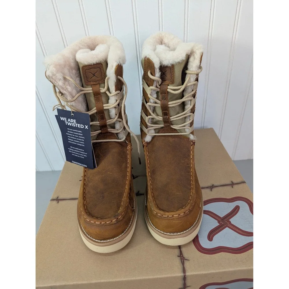 Twisted Oiled Saddle Tan Wedge Sole Boots Sheepskin Lined Size 7M Brown WCA0055